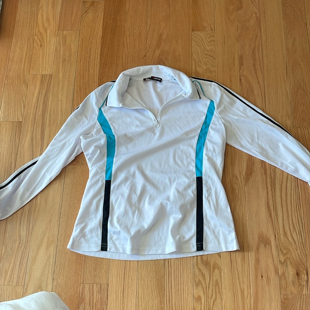 Equestrian sunshirt, size large, white with teal and black details